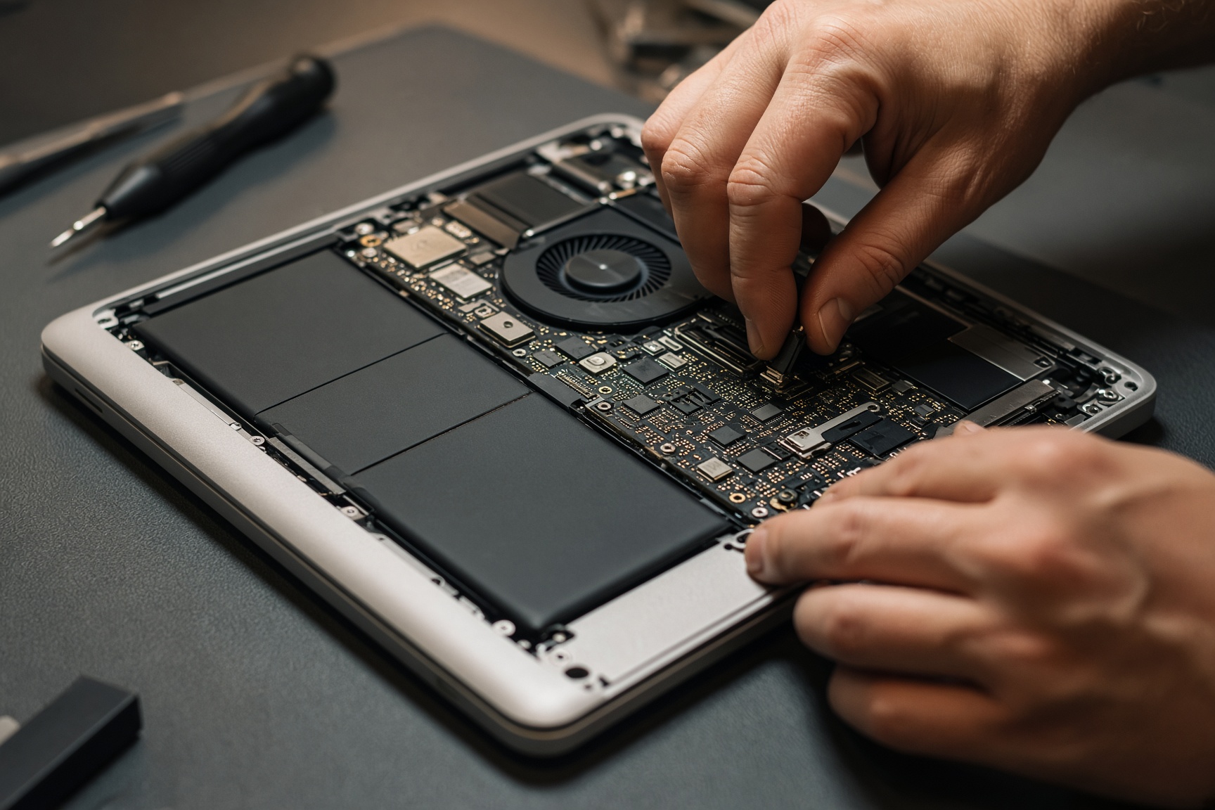 Laptop internals on an anti-static mat during repair
