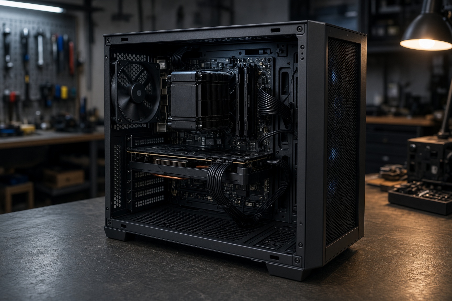 Open desktop PC on a steel workbench